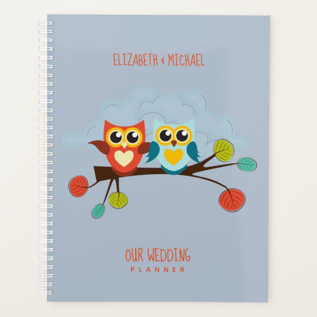 Cute OWLS Themed Wedding Blue Orange Planer (Vorderseite)