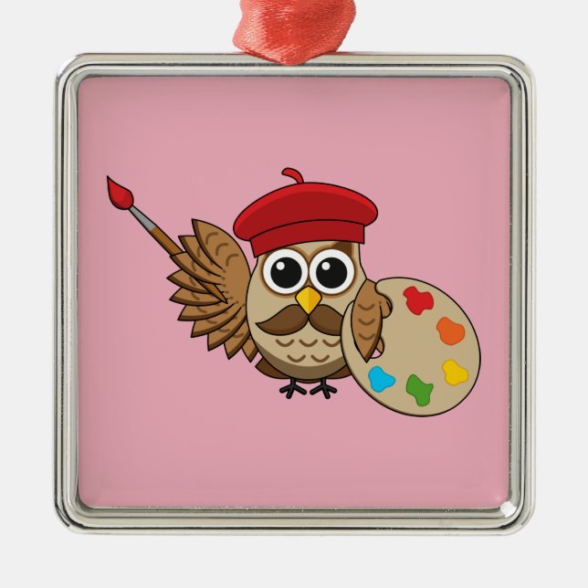 Cute Painter Owl Cartoon Ornament Aus Metall (Vorne)