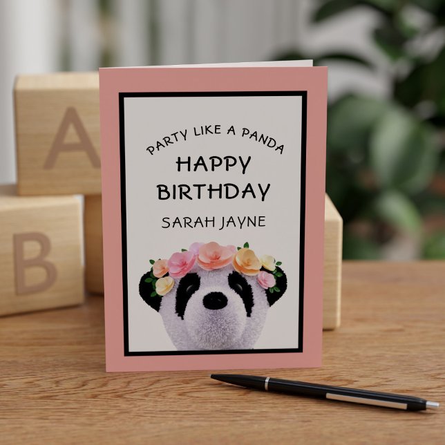Cute Panda Bear Girl Bonne carte de voeux d'annive (Party like a panda! Just add a name and a short message inside)
