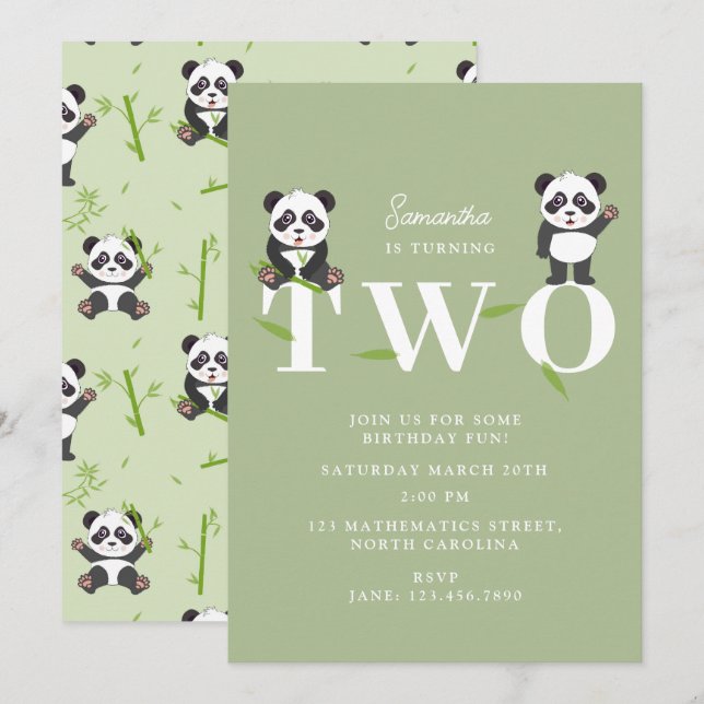 Cute Panda Bear Kawaii Kids Two 2 Birthday Einladung (Vorne/Hinten)