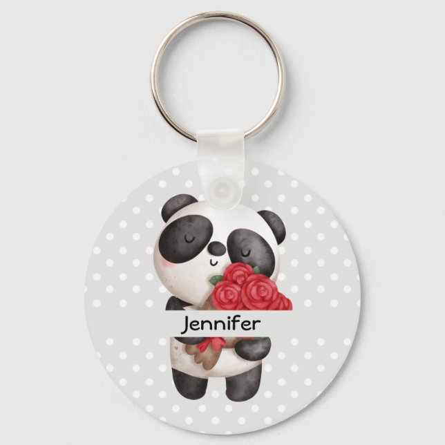 Cute Panda Bear with Rose Bouquet  Schlüsselanhänger (Vorderseite)