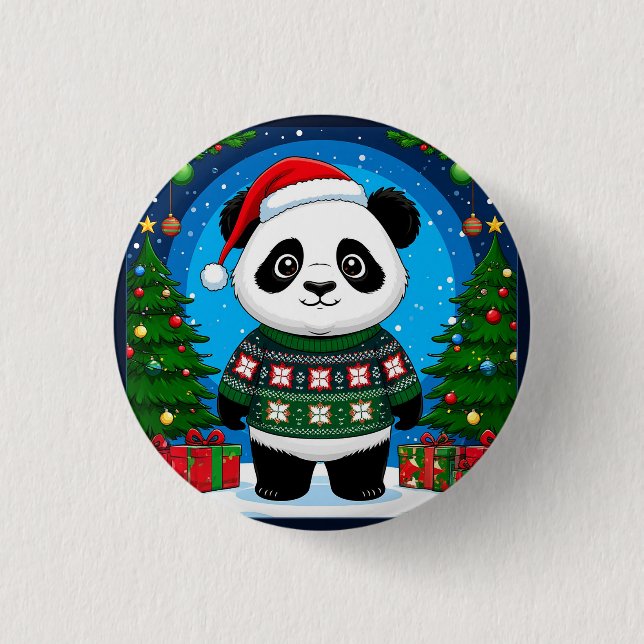 Cute Panda In Christmas Sweater Wears Santa Hat Button (Vorderseite)