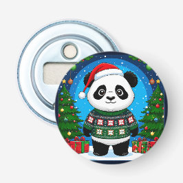 Cute Panda In Christmas Sweater Wears Santa Hat Flaschenöffner