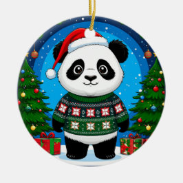 Cute Panda In Christmas Sweater Wears Santa Hat Keramik Ornament