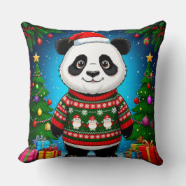 Cute Panda In Christmas Sweater Wears Santa Hat Kissen