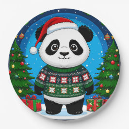 Cute Panda In Christmas Sweater Wears Santa Hat Pappteller