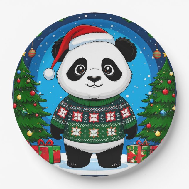 Cute Panda In Christmas Sweater Wears Santa Hat Pappteller (Vorderseite)