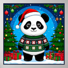 Cute Panda In Christmas Sweater Wears Santa Hat Poster