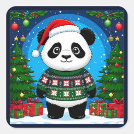Cute Panda In Christmas Sweater Wears Santa Hat Quadratischer Aufkleber