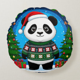 Cute Panda In Christmas Sweater Wears Santa Hat Rundes Kissen