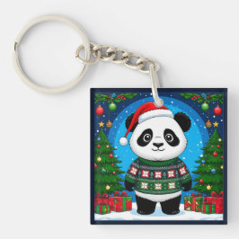Cute Panda In Christmas Sweater Wears Santa Hat Schlüsselanhänger
