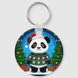 Cute Panda In Christmas Sweater Wears Santa Hat Schlüsselanhänger