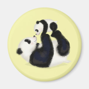 Cute panda mère et petit aimant rond (jaune)