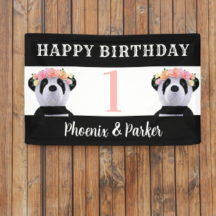 Cute Panda Twin Girls Boys Birthday Party Bannière