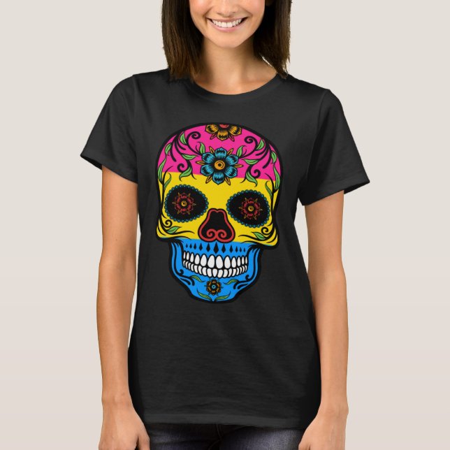Cute Pansexual Pride Flag Sugar Skull T-Shirt (Vorderseite)