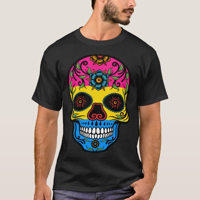 Cute Pansexual Pride Flag Sugar Skull T-Shirt (Vorderseite)