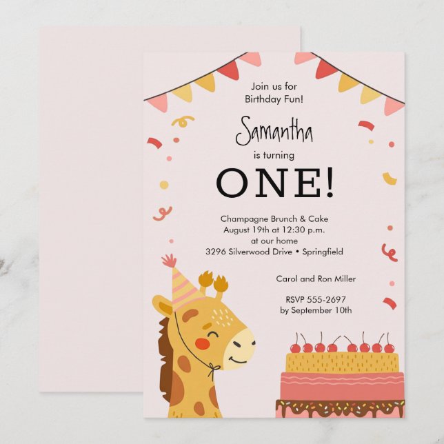 Cute Party Animal Girl 1st Birthday Einladung (Vorne/Hinten)