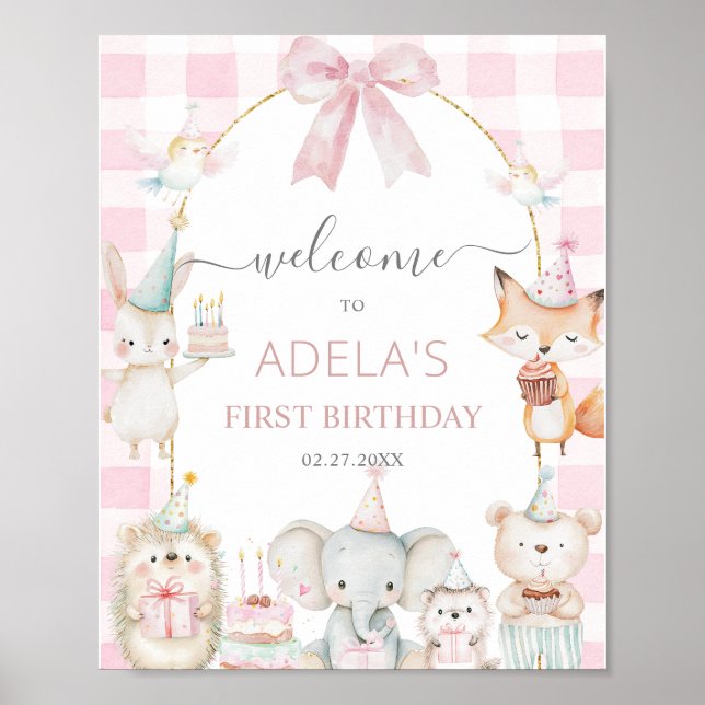 Cute Party Animals Fun To Be One 1st Birthday Pink Poster (Vorne)