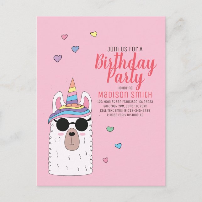 Cute Party Llamacorn Invitation Anniversaire (Devant)
