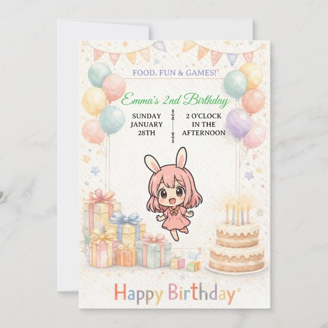 Cute Pastel Bunny Birthday Invitation (Devant)