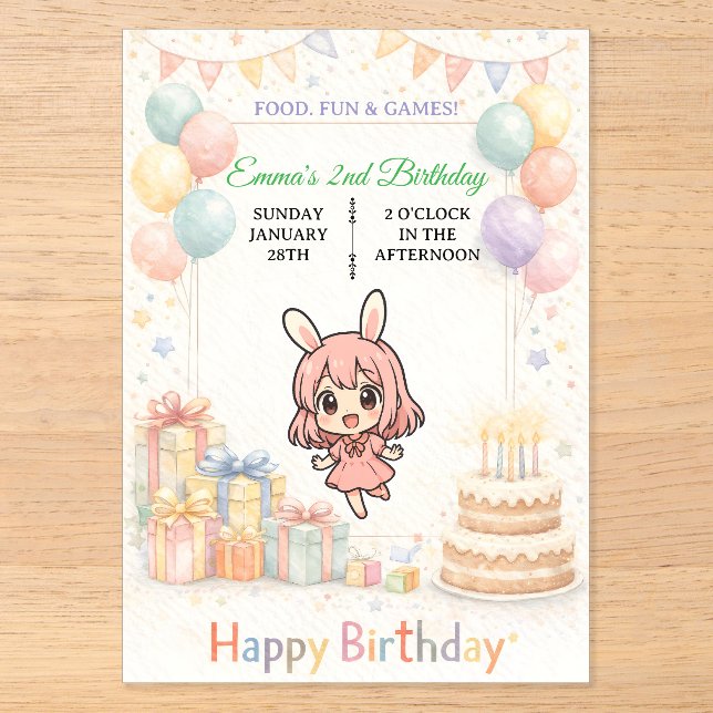 Cute Pastel Bunny Birthday Invitation Acryleinladungen (Vorderseite)
