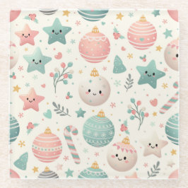 Cute Pastel Christmas Pattern Ornaments and Stars Glasuntersetzer