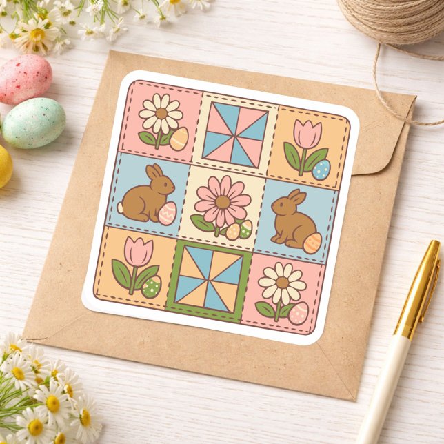 Cute Pastel Easter Bunny Flower Patchwork  Quadratischer Aufkleber (Von Creator hochgeladen)