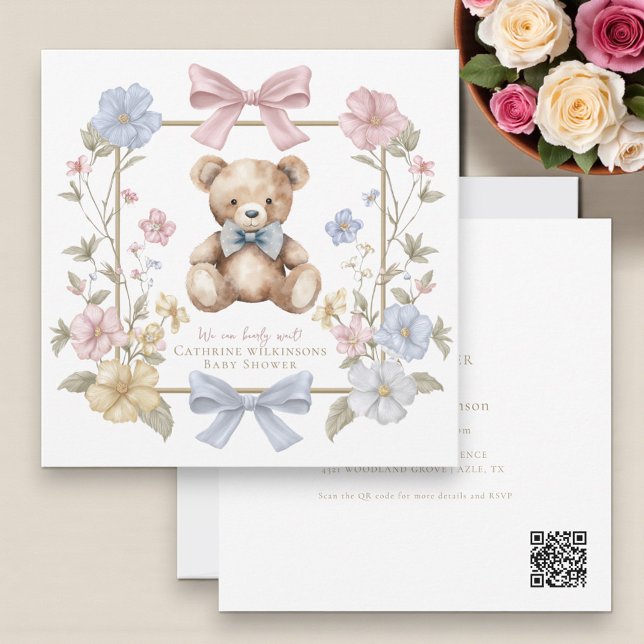 Cute pastel Floral Teddy Bear Baby Shower QR code  Einladung (Von Creator hochgeladen)