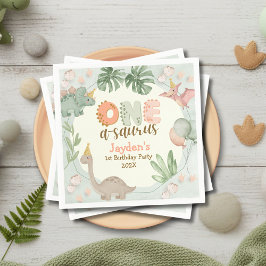 Cute Pastel Green Dinosaur One A Saurus Birthday Serviette