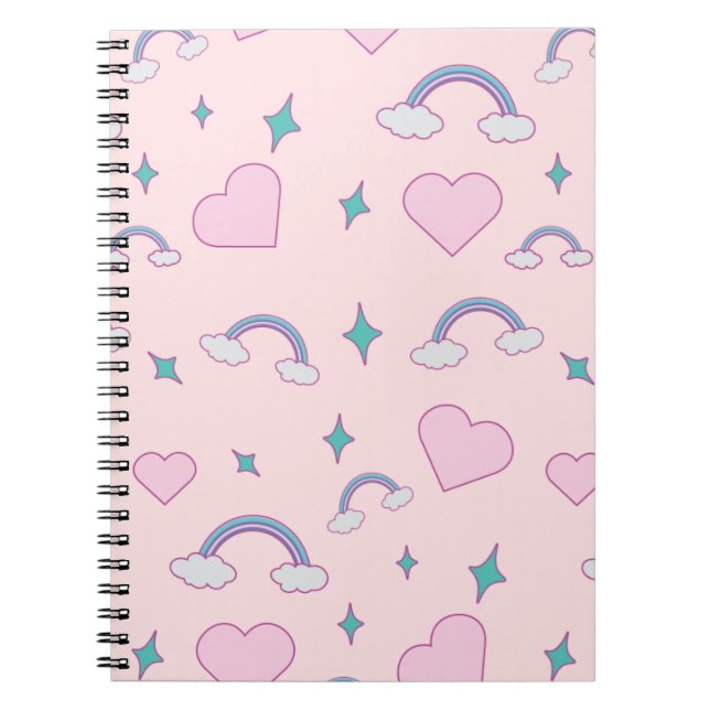 Cute Pastel Hearts & Rainbow Pattern | Kawaii Pink Notizblock (Vorderseite)