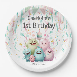 Cute Pastel Little Monsters Girl's 1st Birthday Pappteller