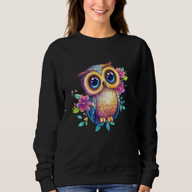 Cute Pastel Owl with Flowers Big Eyes Boho Nature Sweatshirt (Vorderseite)