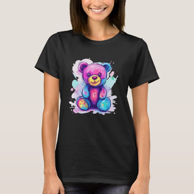 Cute Pastel Rainbow Teddy Bear Paint Splash T-Shirt (Vorderseite)