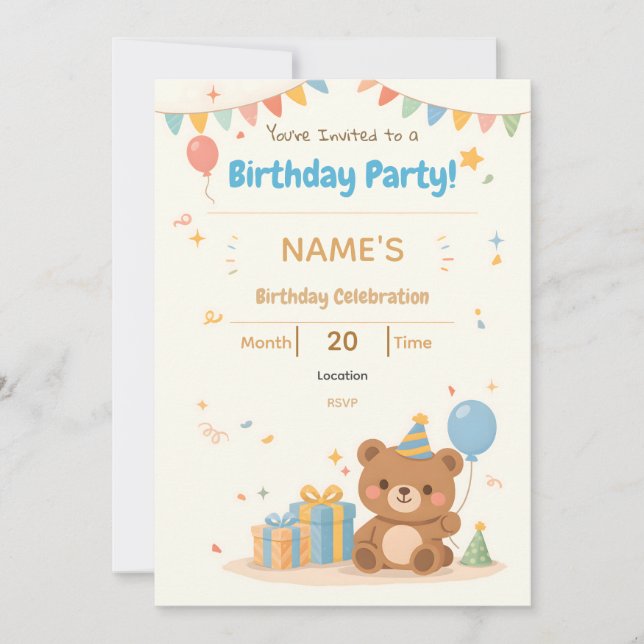 Cute Pastel Teddy Bear Kids Birthday Invitation Einladung (Vorderseite)
