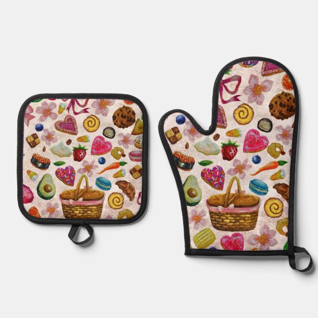 Cute Pastry Confections Sweets Ofenhandschuh & Topflappen-Set (Vorderseite)
