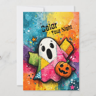 Cute Patchwork Ghost Colorful Splatter Art Einladung