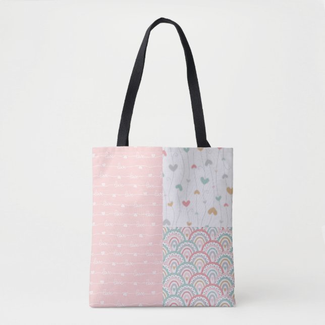 Cute Patchwork Love Hearts Rainbow Sac fourre-tout (Devant)