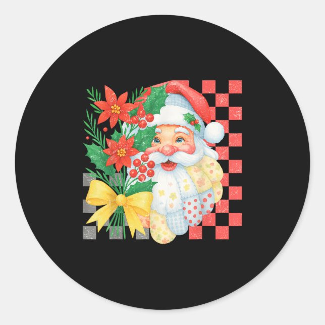 Cute Patchwork Santa Claus Christmas Holiday Women Runder Aufkleber (Vorderseite)