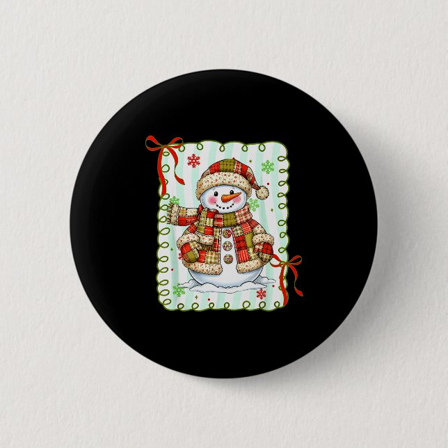 Cute Patchwork Snowman Bow Christmas Xmas Men Wome Button (Vorderseite)