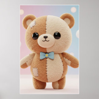Cute Patchwork Teddy Bear Illustration Poster