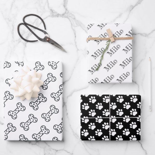 Cute Paw Prints Dog Bones Custom Name Geschenkpapier Set (Vorderseite)