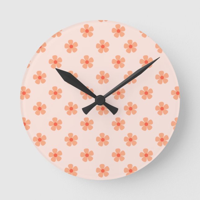 Cute Peach Flower Pattern Minimal Floral Aesthetic Runde Wanduhr (Vorderseite)