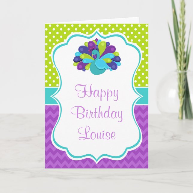 Cute Peacock Green and Purple Birthday  Karte (Vorderseite)