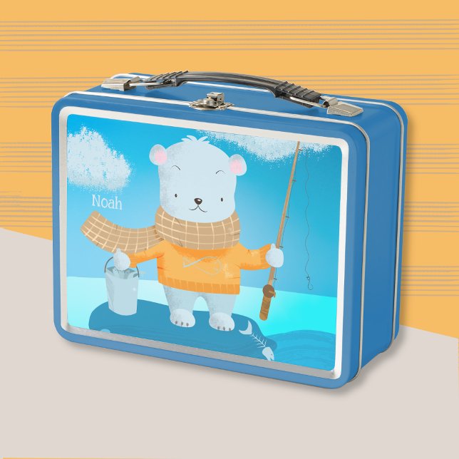 Cute pêche Ours Polaire Kid Metal Lunchbox (Cute fishing polar bear kid personalized metal lunch box .
)