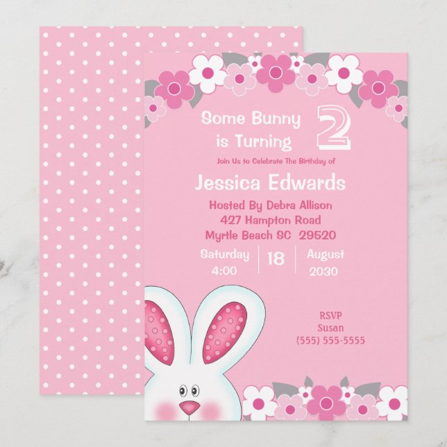Cute Peeking Lapin Lapin 2e Invitation anniversair (Devant / Derrière)