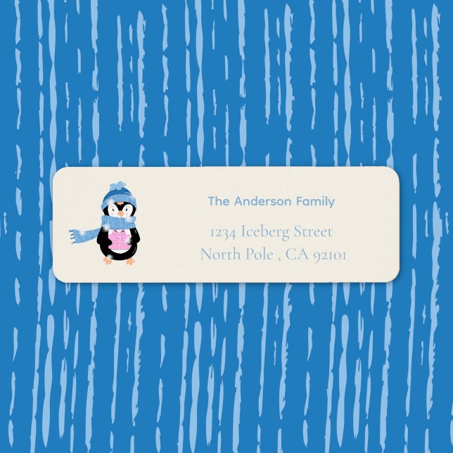 Cute Penguin and Gift Holiday Return Address Label (Cute cartoon penguin with gift Holiday return address label)