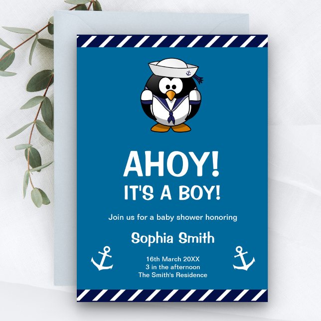Cute Penguin Blue Baby shower nautique Invitation (Créateur téléchargé)