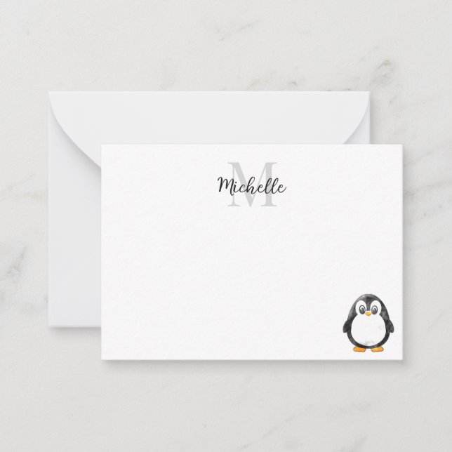 Cute Penguin Cartoon Blank Custom Monogram Mitteilungskarte (Vorderseite)
