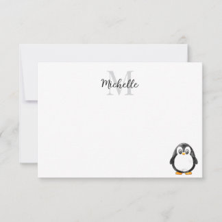 Cute Penguin Cartoon Custom Monogram Mitteilungskarte