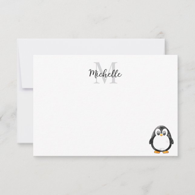 Cute Penguin Cartoon Custom Monogram Mitteilungskarte (Vorderseite)